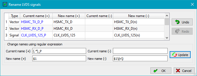 Rename LVDS signals dialog